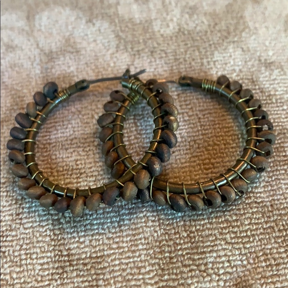 Wood beaded hoop earrings